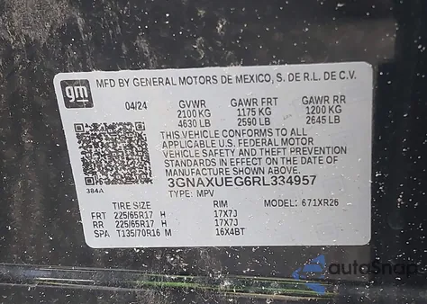 2024 Chevrolet Equinox Awd Lt из США, поврежденный, VIN 3GNAXUEG6RL334957